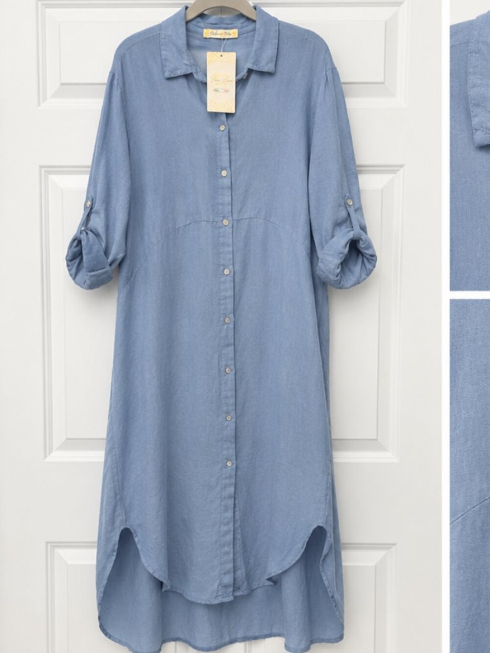 Puro Lino Made in Italy Linen Shirt Dress Light Blue Roll Tab Midi One Size